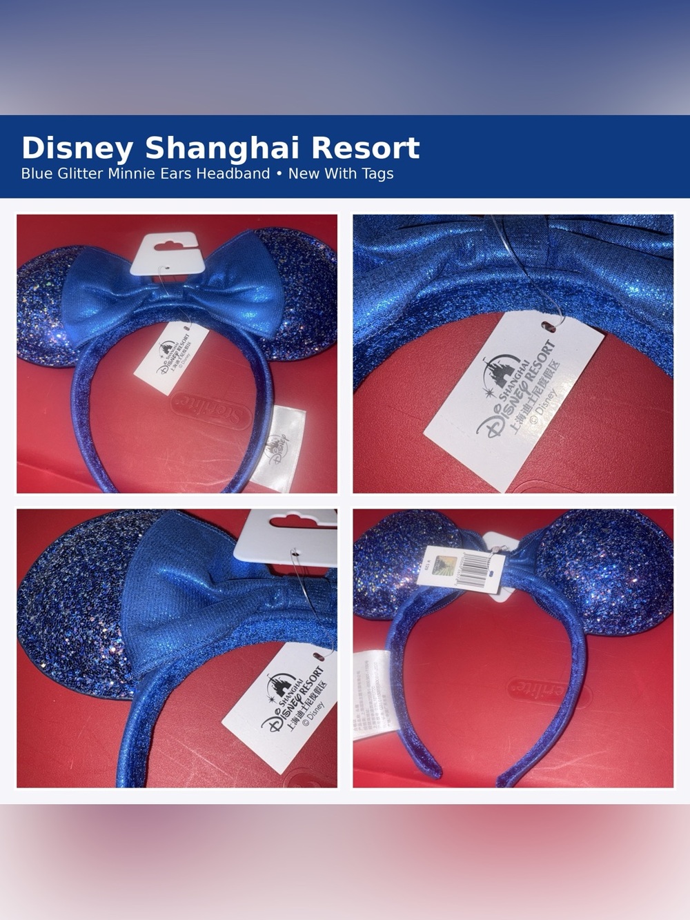Disney Blue Glitter Minnie Ears Headband with Shimmery Bow